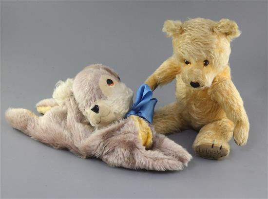 A vintage English bear, 1950s and a Thumper rabbit nightdress case